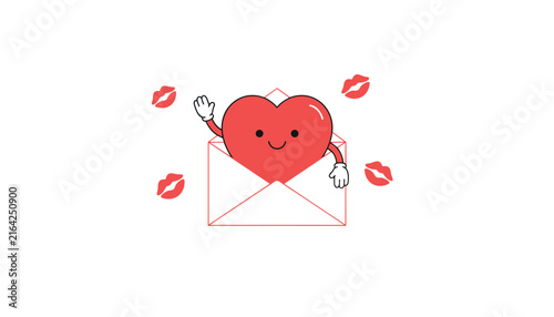 Cheerful red heart character waving from inside an open white envelope, surrounded by cute red kiss mark prints.