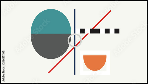 Minimalist geometric art piece displaying a large circle split in teal and dark grey, intersected by a thin red diagonal line.