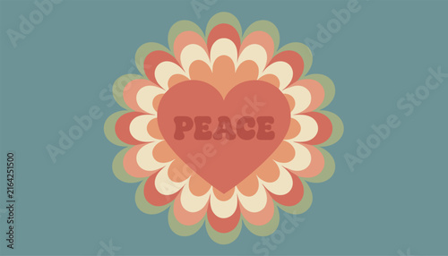 Retro seventies styled peace themed graphic illustration containing a large red heart with the word peace inside.