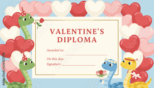 Lovely Valentine's Diploma template decorated with cute cartoon snakes and plenty of red and pink heart-shaped balloons.