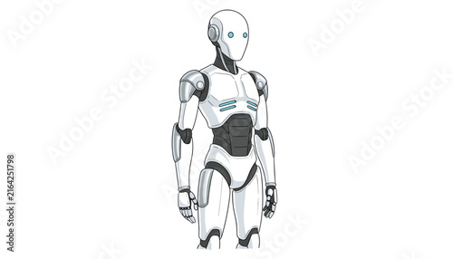 Sleek futuristic humanoid robot with a white and grey polished armor design standing on a plain white background.