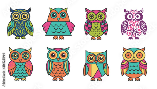 Delightful set of eight unique cartoon owl characters, each decorated with distinct vibrant colors and geometric patterns.