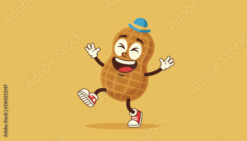 Joyful cartoon peanut character wearing a tiny blue hat and red sneakers dancing with arms wide open on a yellow background.