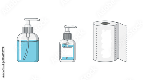 Hygiene products including hand sanitizer bottles and a roll of toilet paper.