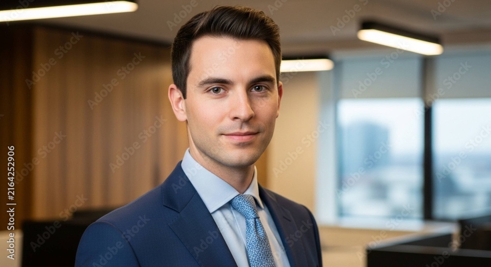 Fototapeta premium Confident young professional man in business suit. Business executive preparing for a meeting in modern office setting.