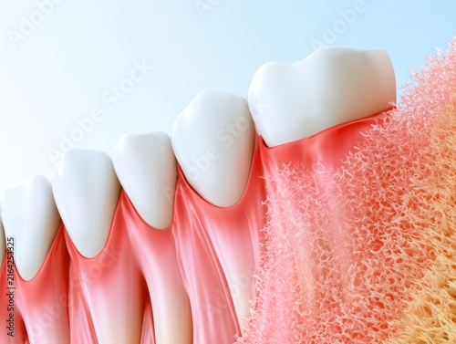 Close up 3 d illustration of healthy teeth and gums with bone structure