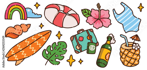 Cute Kawaii Summer Beach Vacation Surfboard and Tropical Drink Vector Clipart Set