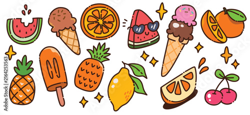 Cute Kawaii Summer Tropical Fruits Sweet Ice Cream and Popsicle Vector Clipart Bundle