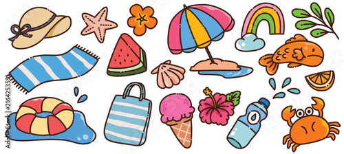 Cute Kawaii Summer Beach Picnic Crab and Rainbow Vector Clipart Set for Kids Design
