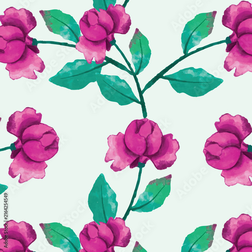 Seamless pattern with a rose, a green branch of eucalyptus. Watercolor floral background for textiles, wallpaper, packaging and bed linen.