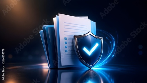 Glowing blue shield with checkmark protecting a stack of documents representing data security and compliance