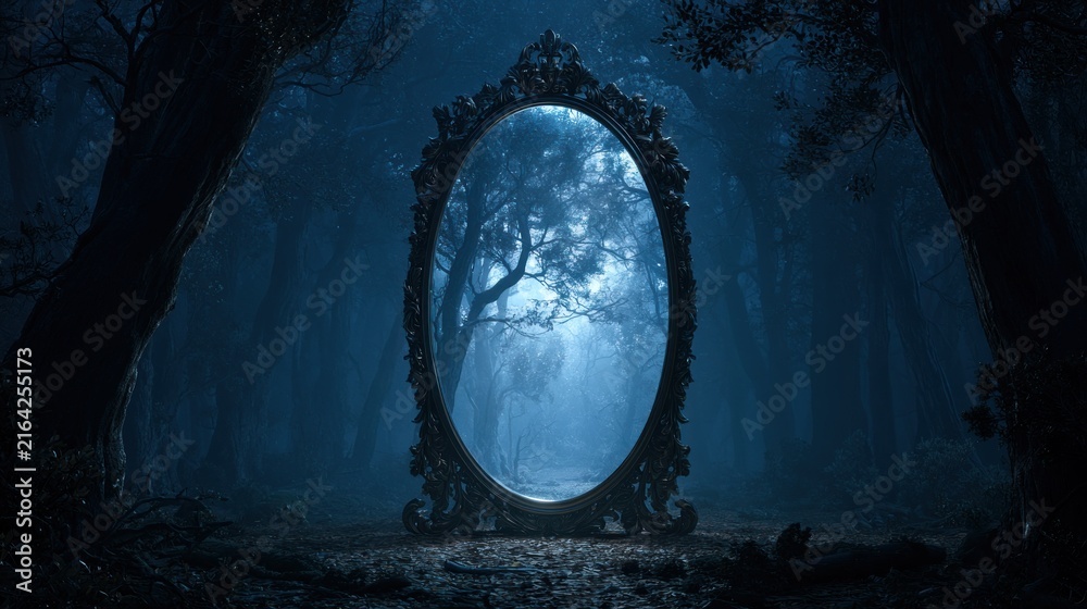 Fototapeta premium Antique ornate mirror reflecting a misty dark forest at twilight