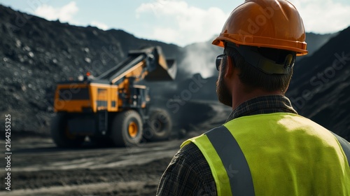 Construction worker watching large equipment at a coal mining location with a clear blue sky in the background