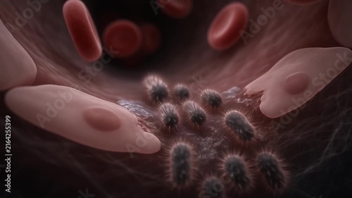 3D animation of pathogenic bacteria breaking through a blood vessel wall and infecting the human bloodstream with red blood cells flowing