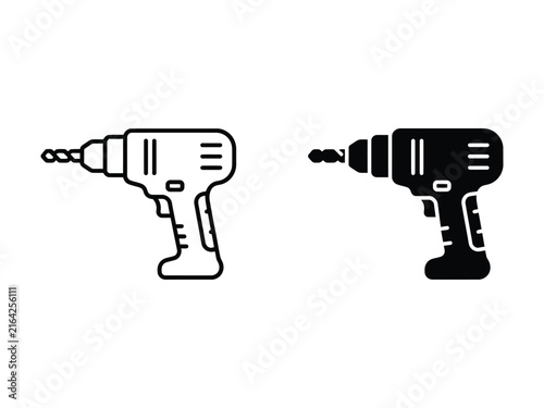 Power drill outline and filled icon set for construction repair engineering tools workshop manufacturing DIY and industrial maintenance