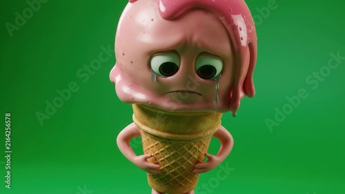 Sad pink strawberry ice cream cone character melting and crying