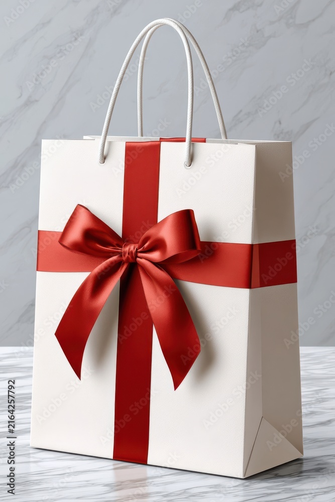 Naklejka premium Luxury white gift bag with red ribbon bow - vertical Christmas holiday shopping mockup on marble