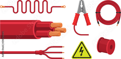 Electrical Cable and Wire Vector Set Featuring Copper Conductor Jumper Clamp Coil Reel and High Voltage Warning Sign for Industrial Power Designs
