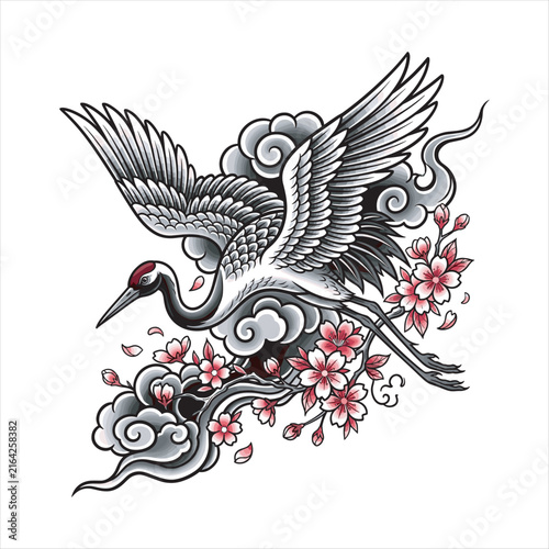 Japanese inspired tattoo illustration of a red crowned crane flying among cherry blossoms and swirling clouds, with detailed black and gray feathers, graceful motion, and soft pink floral accents