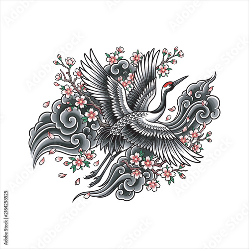 Japanese inspired tattoo illustration of a red crowned crane with wings spread among cherry blossoms and swirling clouds, using bold black linework, grayscale shading, and soft pink floral accents
