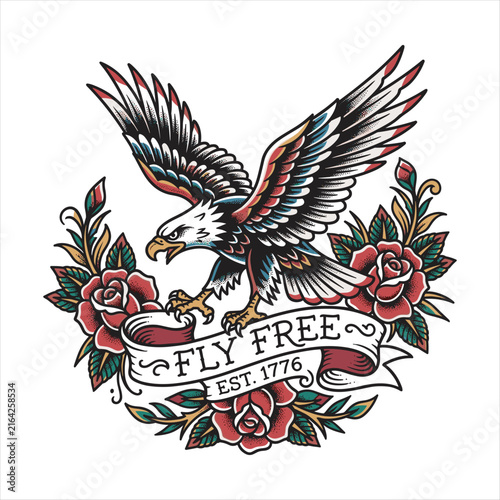 Traditional tattoo illustration of a bald eagle with wings spread above red roses and a ribbon, featuring bold outlines, stipple shading, and classic patriotic colors