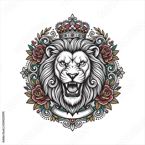 Ornate tattoo illustration of a roaring lion wearing a jeweled crown, framed by red roses, golden leaves, and decorative flourishes, symbolizing royalty, courage, power, and pride