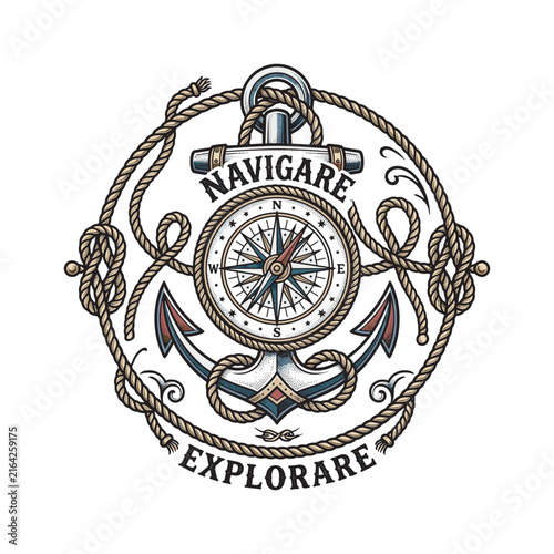 Vintage nautical tattoo illustration featuring a compass over a large anchor wrapped in rope, with decorative knots, symbolizing travel, direction, and adventure