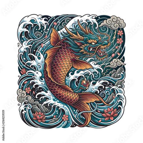 Japanese inspired tattoo illustration of a fierce dragon koi emerging through powerful ocean waves, surrounded by cherry blossoms, lotus flowers, rocks, clouds, and bold decorative linework