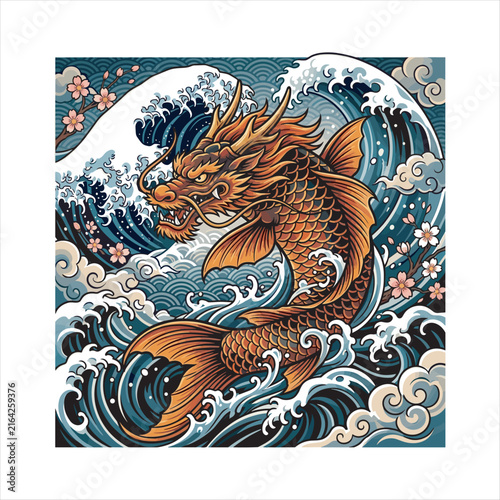 Japanese inspired tattoo illustration of a fierce dragon koi rising through powerful ocean waves, surrounded by cherry blossoms, swirling clouds, bold outlines, and vivid orange tones