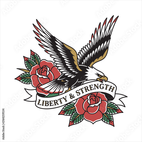 Traditional tattoo-style illustration of a bald eagle with wings spread above red roses and a ribbon, isolated on background
