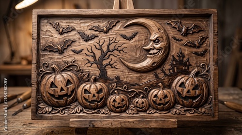 Detailed hand-carved wooden relief artwork featuring spooky pumpkins, crescent moon with face, haunted house, and flying bats. Rustic woodcraft art.