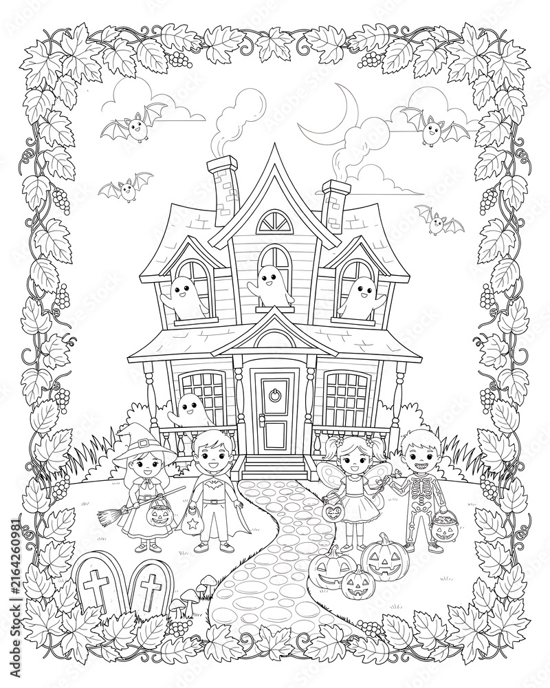 Obraz premium Detailed outline drawing of a victorian house surrounded by floral border frame for coloring page with line art black and white architecture building