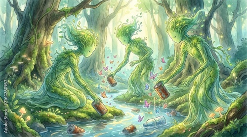 Nature spirits cleaning polluted forest stream.