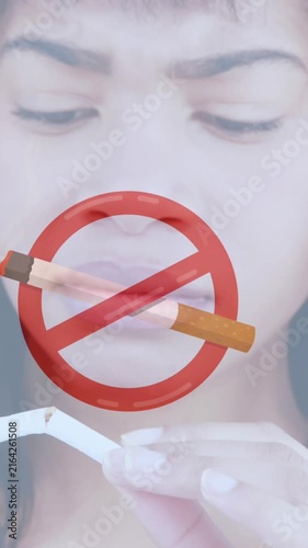 Animation of lit cigarettes with no smoking signs over woman breaking cigarette