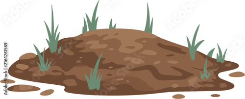 Soil pile vector, ground mound hill with green grass patch element illustration
