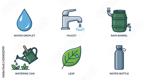Set of Flat Vector Icons Featuring Water Droplets, Faucets, Rain Barrels, Watering Cans, Leaves, and Bottles for Conservation Themes