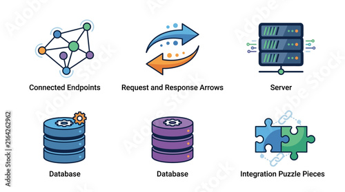 Vector icon set of connected endpoints, server, database, and integration puzzle pieces for technology infrastructure design