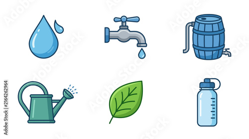 Collection of Water Conservation and Nature Icons Featuring Droplets, Faucets, Rain Barrels, Watering Cans, and Leaves