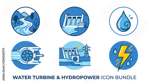 Icon set featuring water turbine, hydroelectric dam, lightning bolt, and river landscape for renewable energy and power generation