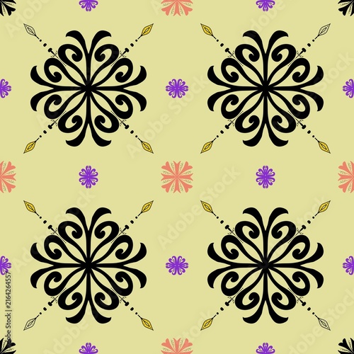 seamless floral pattern Bohemian seamless pattern with black ethnic floral medallions on pale yellow.