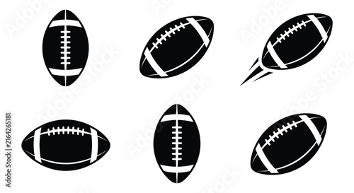 Photography Black vector illustrations of american footballs in various arrangements