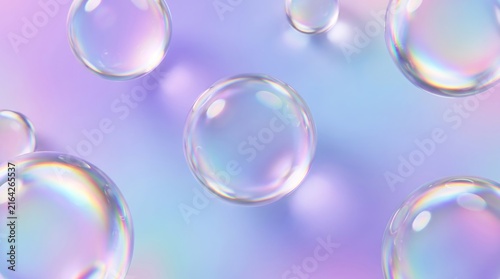 Close-up of floating 3D glass bubbles with iridescent reflections
