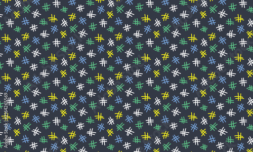 Hand drawn hashtag colorful seamless pattern on dark background. Playful scribble crosses like symbol in chaotic repeating. Simple abstract ornament for textile, fabric, interior, ceramic, wallpaper