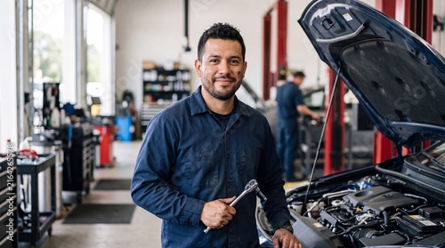 Auto mechanic holding ratchet wrench standing near open car hood in repair shop garage. Hispanic technician performing preventive maintenance and vehicle inspection service.