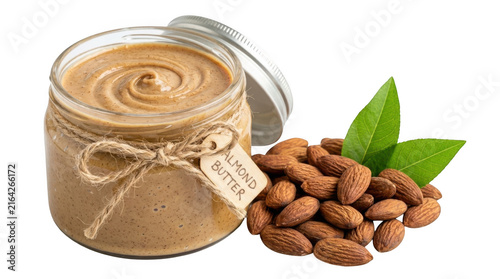 Glass jar of creamy almond butter with raw nuts and green leaves on white background