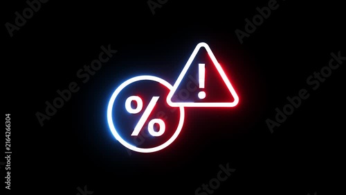 Neon percentage and warning icon glowing on black background digital alert motion graphic.