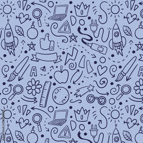 School notebook doodles pattern. Back to school background with notebooks, backpack and globe. Seamless hand drawn educational doodle for classroom decoration vector illustration.
