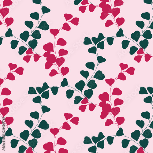 Seamless botanical leaves pattern, abstract nature ornament silhouettes. Simple floral surface design,  branches on a milk white background. Vector illustration in two colors