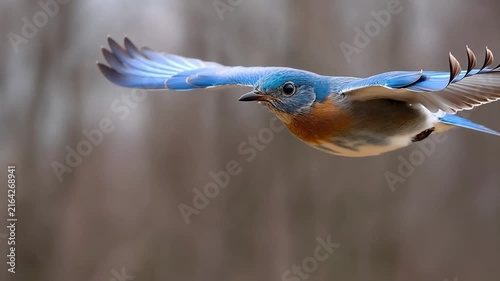 A vibrant bluebird flies through the air with wings spread, showcasing blue feathers and an orange chest against a blurred.