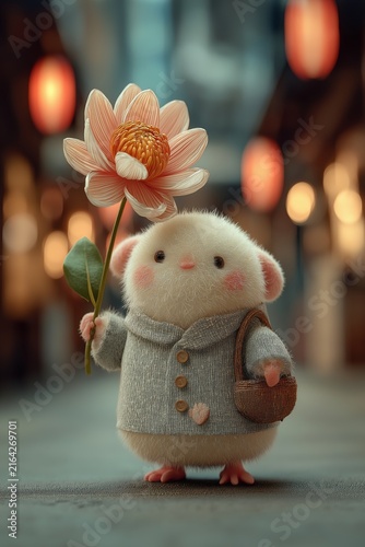 Charming little creature in a cozy outfit holds a flower while exploring a lantern-lit street